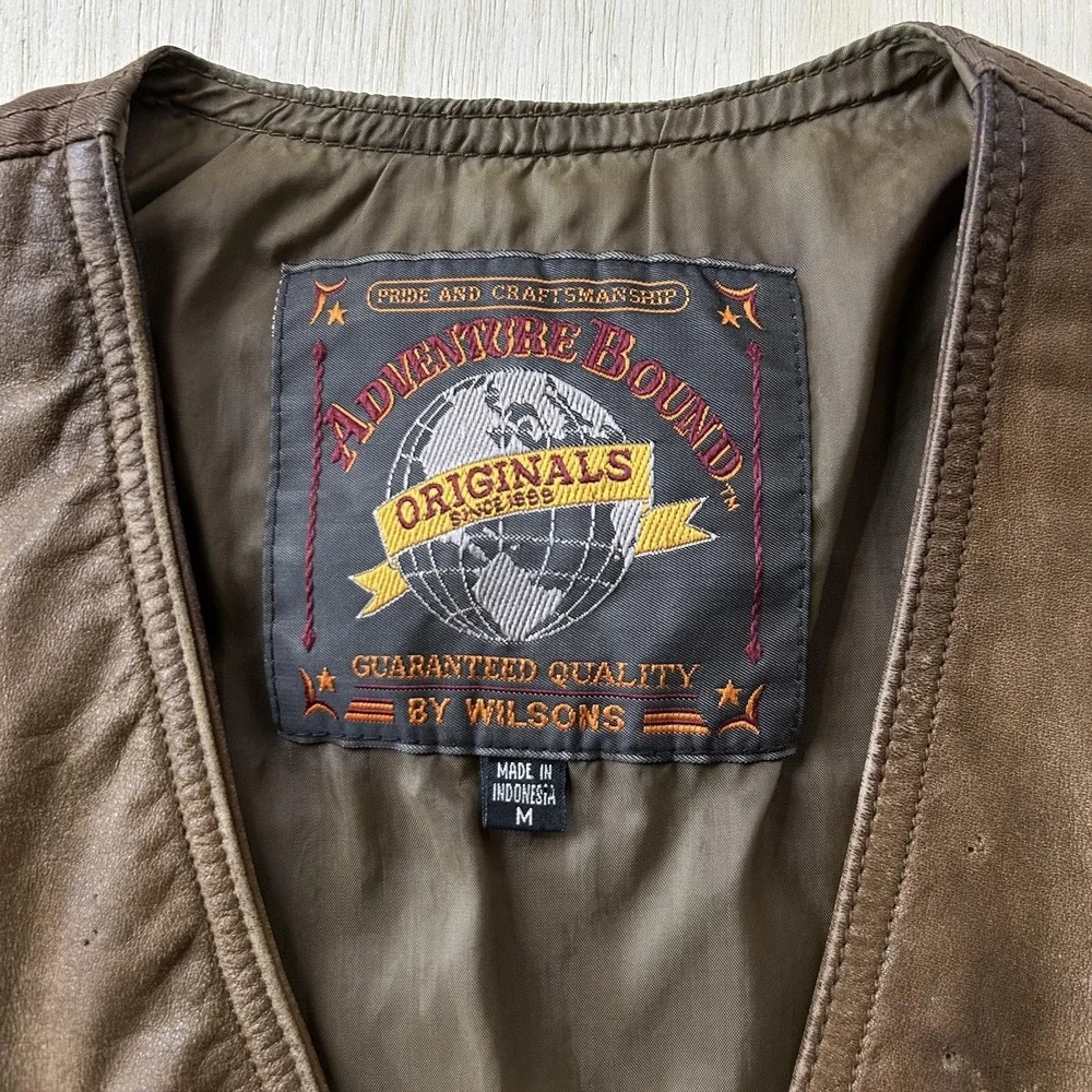 Adventure Bound By Wilsons Vest Mens Medium Brown Leather Biker Lined Snap Front